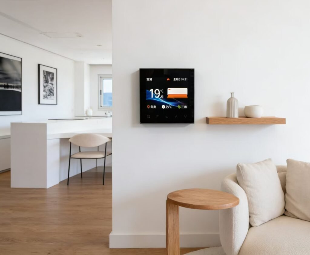 Modern hotel guest room with keycard-integrated thermostat