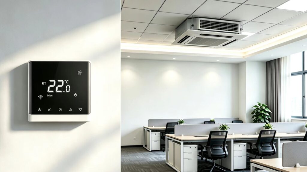 Modbus thermostat for fan coil unit system installed in a modern office room with digital display showing 22°C