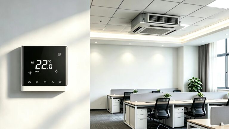 Modbus thermostat for fan coil unit system installed in a modern office room with digital display showing 22°C