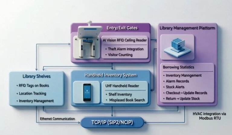 AI Vision RFID library management system 3D architecture for building automation and inventory tracking