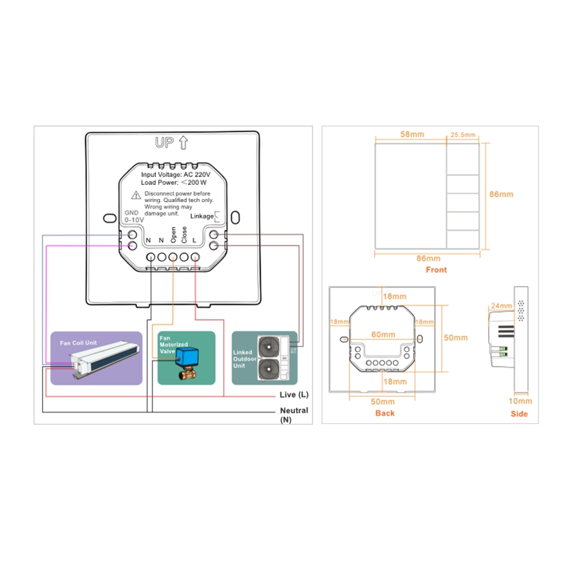 T812F DC brushless thermostat wiring diagram and dimensions - front, back, side views and terminal connections