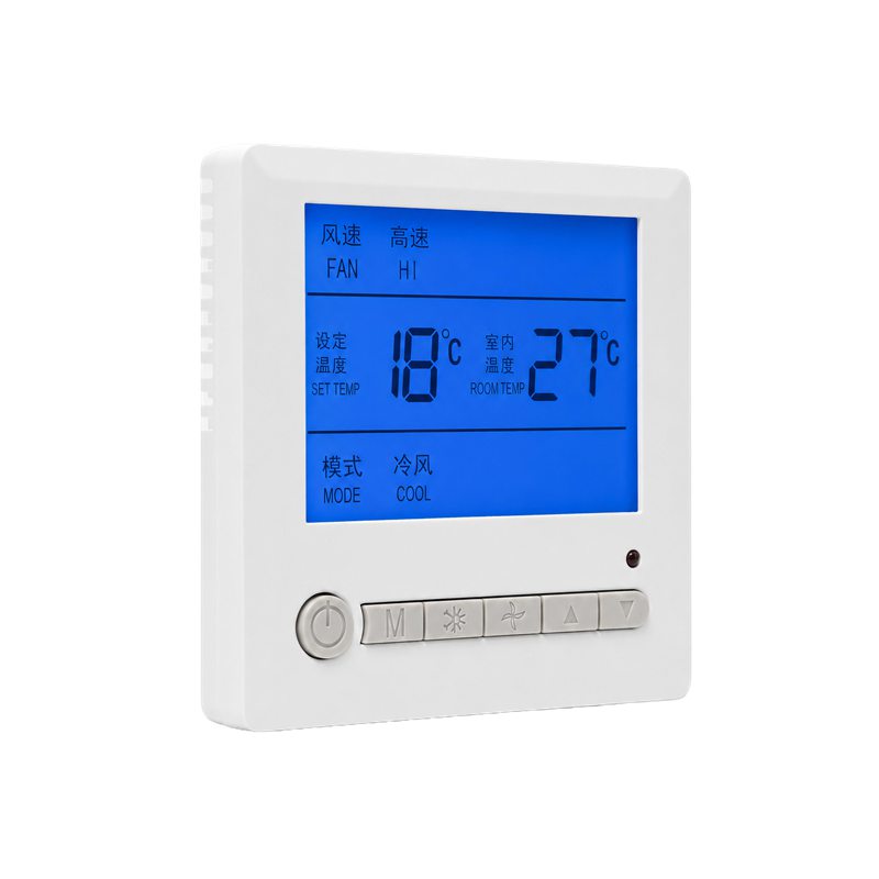 Angled front shot of 8809F fan coil thermostat with lit LCD display