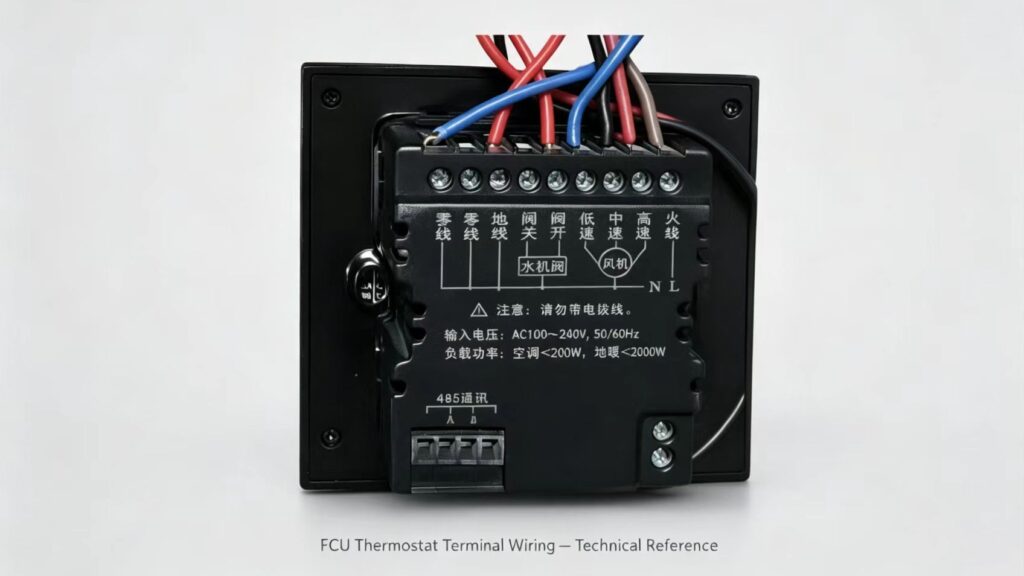 Close-up of water-system fan coil thermostat wiring on the terminal block, showing real field connections for troubleshooting.