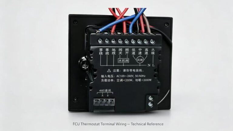 Close-up of water-system fan coil thermostat wiring on the terminal block, showing real field connections for troubleshooting.